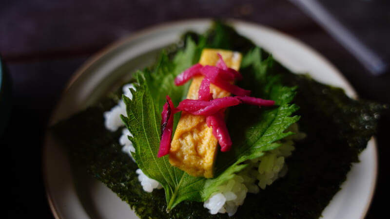 hand-rolled sushi and side dish with vegetables we grew/pick and cook