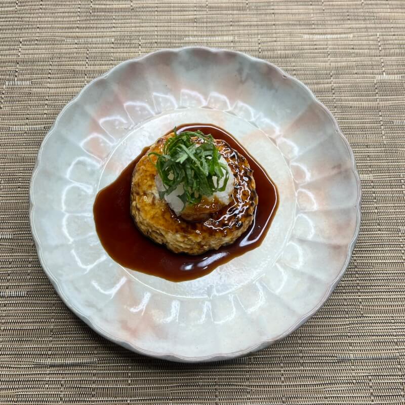 Stewed Hamuburger steak, Potato Salad, Miso soup and Japanese sweets!