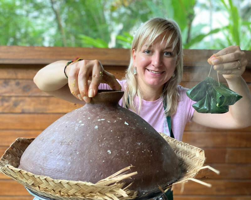 Steaming the Pepes (Balinese dumpling wrap in Banana leaf)