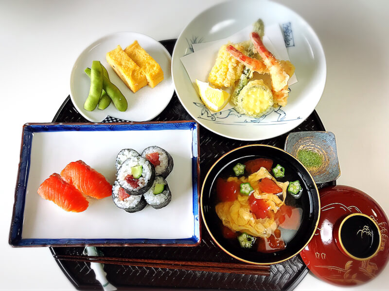 Traditional Japanese cuisine (Sushi, Teriyaki, Tamagoyaki and Soup)