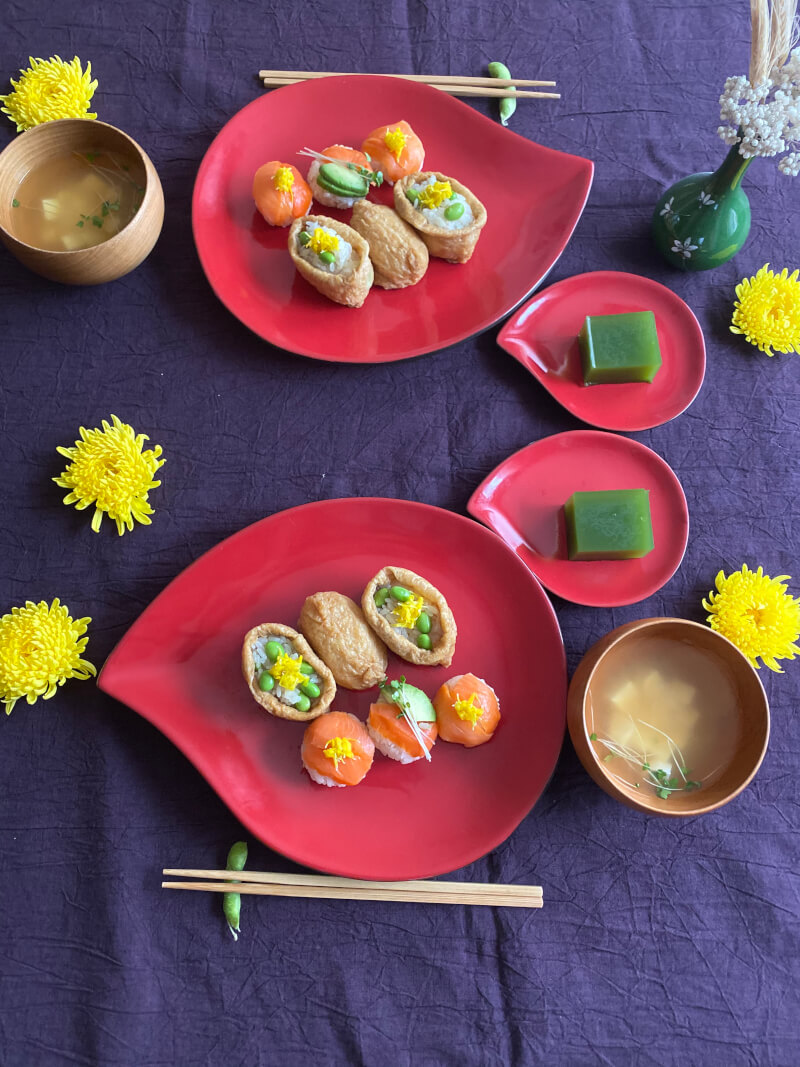 Make two types of sushi and miso soup! Inari Sushi, Salmon and Avocado Temari Sushi.