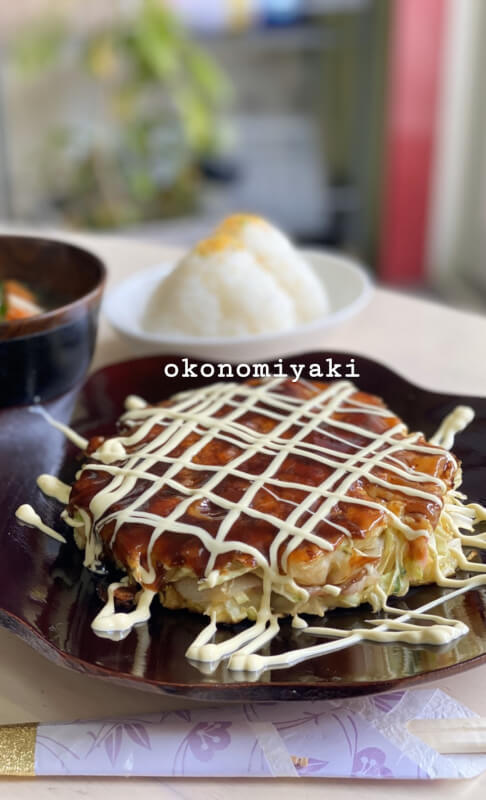 Osaka soul food. Okonomiyaki 
onigiri miso soup 