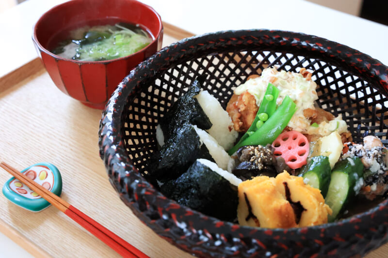 Kago bento, miso soup ,Japanese sweets and matcha.