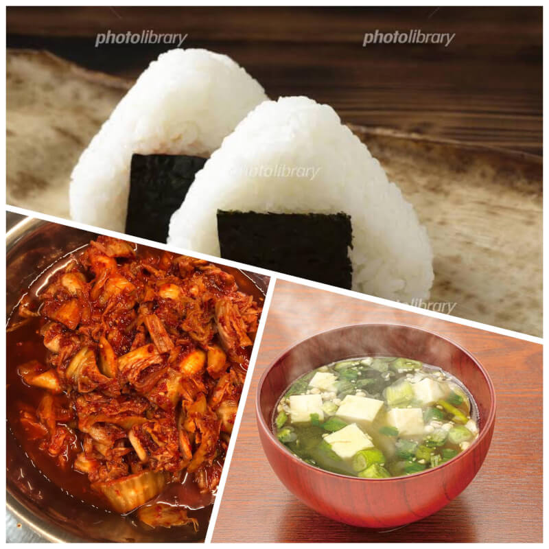 Eat your kimchi and onigiri served with miso soup