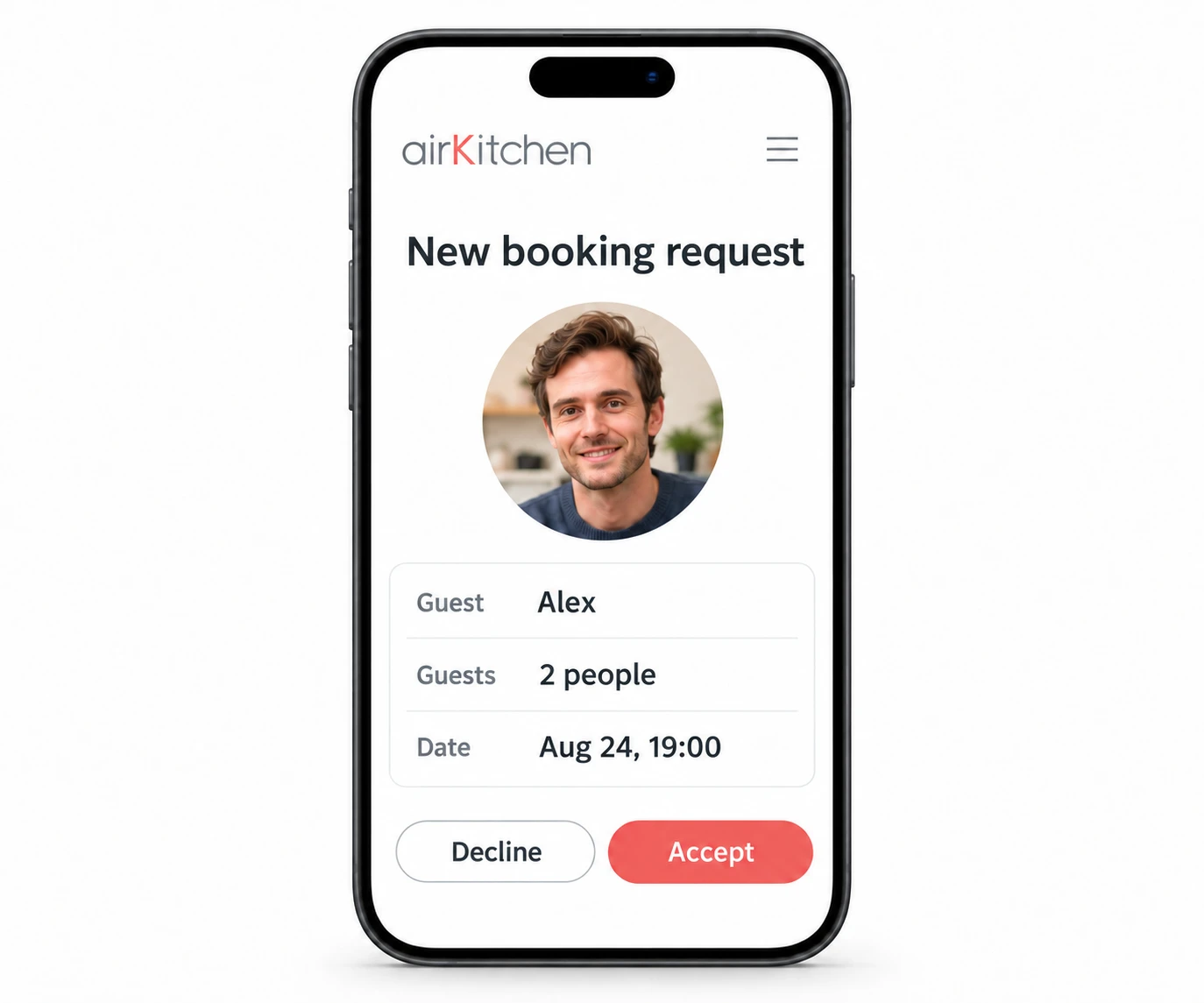 A booking request on airKitchen with Decline and Accept options
